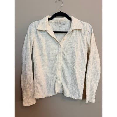 LOFT Women's Petite Button Down Puckered Knit Long Sleeve Blouse Cream XS - Thumbnail 2