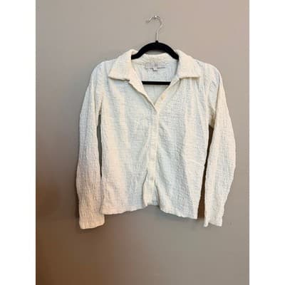LOFT Women's Petite Button Down Puckered Knit Long Sleeve Blouse Cream XS