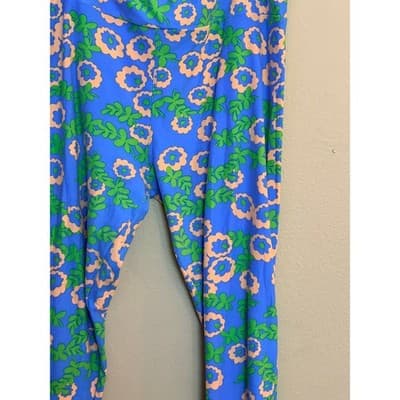 LuLaRoe Floral Spring Summer Wide Waistband Leggings Blue Green Tall Curvy - Thumbnail 2