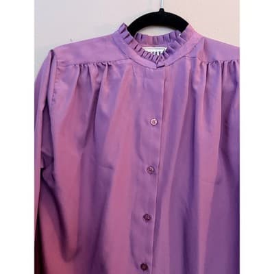 Debut Vintage Style Button Down Ruffled Collar Gathered Detailing Top Purple 12 - Thumbnail 2