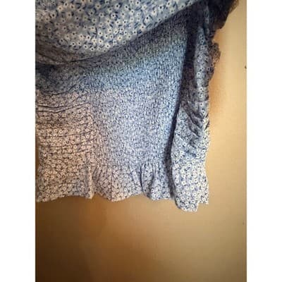 H&M Floral Smocked Ruched Off Shoulder Long Balloon Sleeves Crop Top Blue S - Thumbnail 12