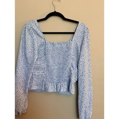 H&M Floral Smocked Ruched Off Shoulder Long Balloon Sleeves Crop Top Blue S - Thumbnail 8