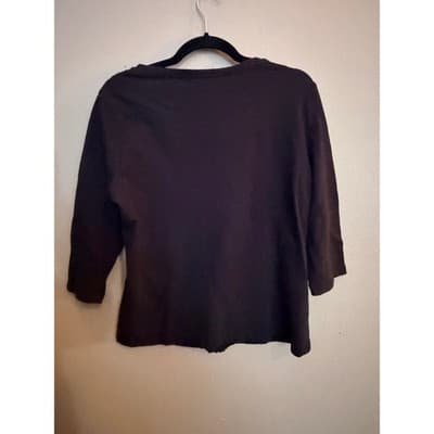 Onque Black Rhinestone Zip Blouse Crochet Trim Three Quarter Sleeve Small EUC - Thumbnail 9