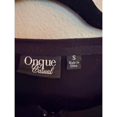 Onque Black Rhinestone Zip Blouse Crochet Trim Three Quarter Sleeve Small EUC - Thumbnail 7