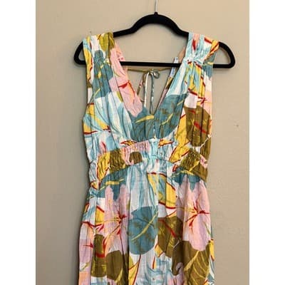 Blue Island Tropical Print Midi Dress Cover Up V Neck Multicolor Medium - Thumbnail 3