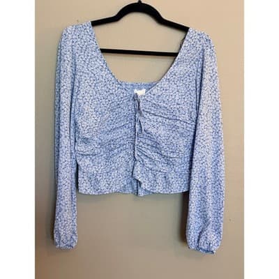 H&M Floral Smocked Ruched Off Shoulder Long Balloon Sleeves Crop Top Blue S - Thumbnail 2