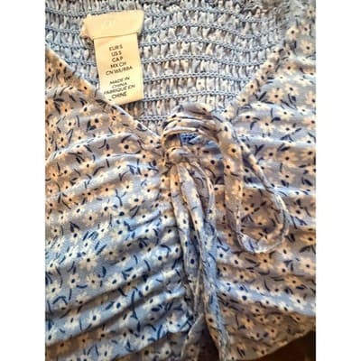 H&M Floral Smocked Ruched Off Shoulder Long Balloon Sleeves Crop Top Blue S - Thumbnail 17