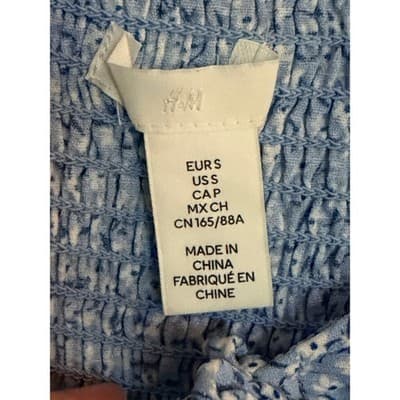 H&M Floral Smocked Ruched Off Shoulder Long Balloon Sleeves Crop Top Blue S - Thumbnail 6