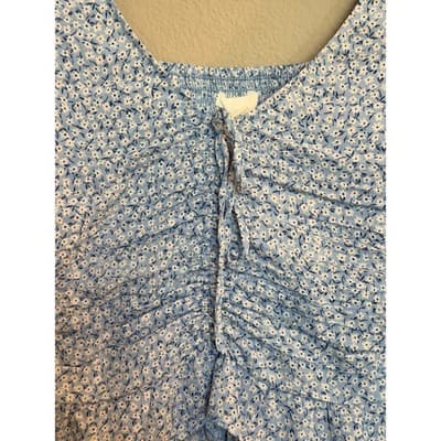 H&M Floral Smocked Ruched Off Shoulder Long Balloon Sleeves Crop Top Blue S - Thumbnail 4