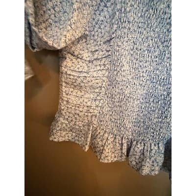 H&M Floral Smocked Ruched Off Shoulder Long Balloon Sleeves Crop Top Blue S - Thumbnail 11