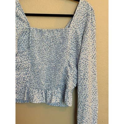 H&M Floral Smocked Ruched Off Shoulder Long Balloon Sleeves Crop Top Blue S - Thumbnail 7