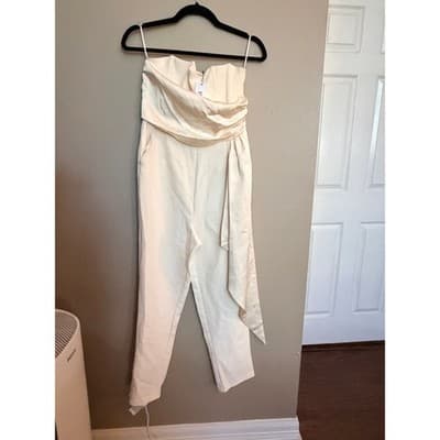 Steve Madden Satin Strapless Drape Sash Cropped Jumpsuit Cream S