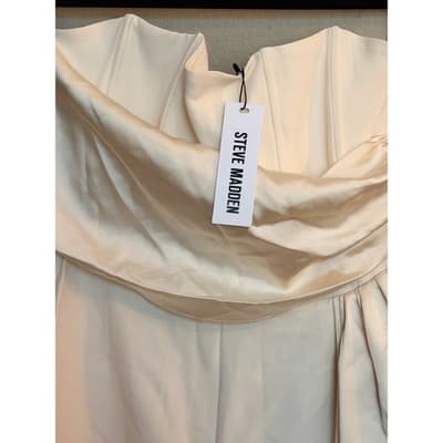 Steve Madden Satin Strapless Drape Sash Cropped Jumpsuit Cream S - Thumbnail 7