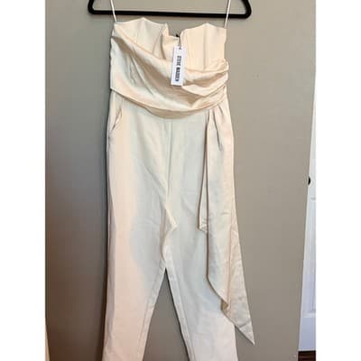 Steve Madden Satin Strapless Drape Sash Cropped Jumpsuit Cream S - Thumbnail 6