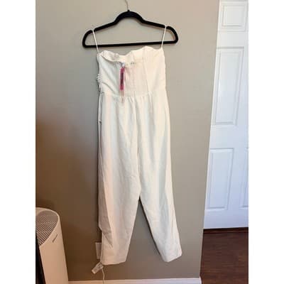 Steve Madden Satin Strapless Drape Sash Cropped Jumpsuit Cream S - Thumbnail 10