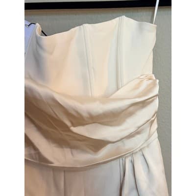 Steve Madden Satin Strapless Drape Sash Cropped Jumpsuit Cream S - Thumbnail 8