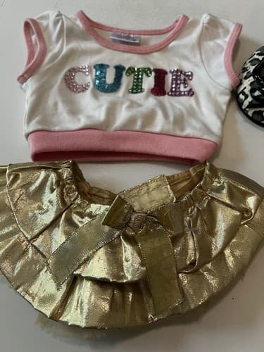 Build A Bear Vintage Cutie Shirt Gold Ruffle Skirt Shoes Rare Teddy Clothes BABW - Thumbnail 5