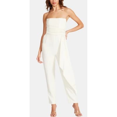 Steve Madden Satin Strapless Drape Sash Cropped Jumpsuit Cream S - Thumbnail 2