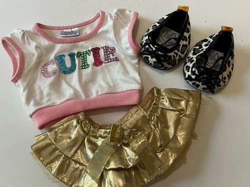 Build A Bear Vintage Cutie Shirt Gold Ruffle Skirt Shoes Rare Teddy Clothes BABW - Thumbnail 9
