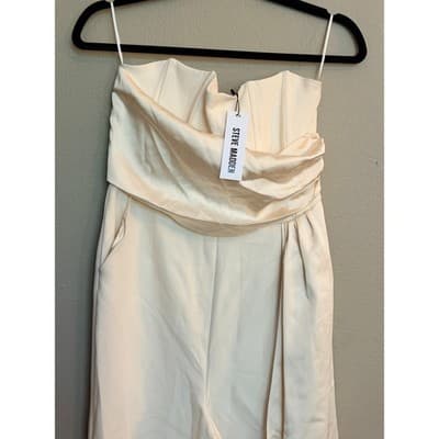 Steve Madden Satin Strapless Drape Sash Cropped Jumpsuit Cream S - Thumbnail 5