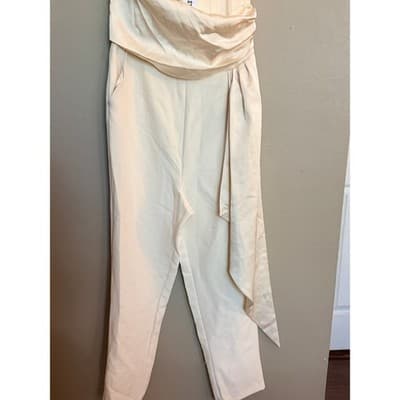 Steve Madden Satin Strapless Drape Sash Cropped Jumpsuit Cream S - Thumbnail 4