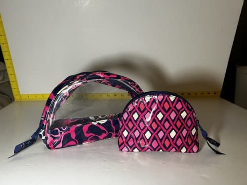 VERA BRADLEY Hot Pink Fuchsia Navy White Vinyl Plastic Cosmetic Bag Set Of 2 - Thumbnail 2