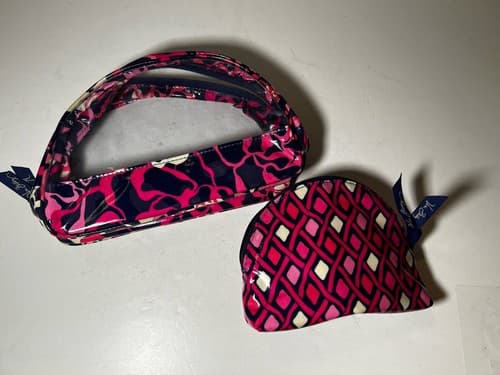 VERA BRADLEY Hot Pink Fuchsia Navy White Vinyl Plastic Cosmetic Bag Set Of 2 - Thumbnail 3