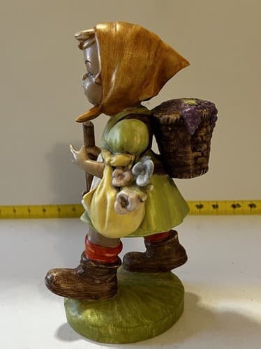 Hummel Type SIGNED Figurine of Girl with Walking Stick and Basket Flowers Large - Thumbnail 4