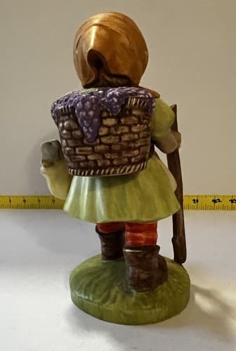 Hummel Type SIGNED Figurine of Girl with Walking Stick and Basket Flowers Large - Thumbnail 7