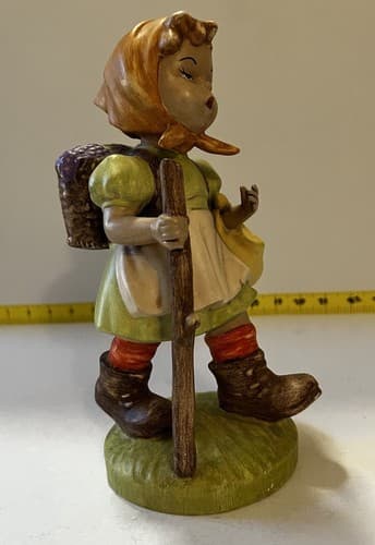 Hummel Type SIGNED Figurine of Girl with Walking Stick and Basket Flowers Large - Thumbnail 8