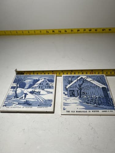Vintage Courier & Ives Ceramic Tile Trivet Pair Set of 2 Old Homestead In Winter - Thumbnail 6