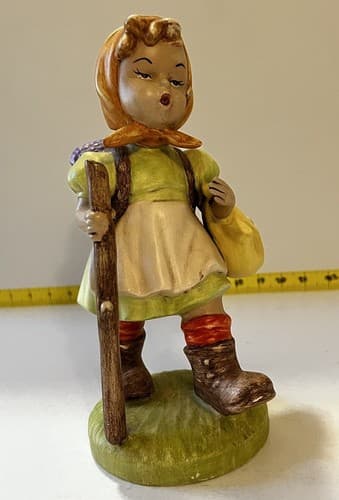Hummel Type SIGNED Figurine of Girl with Walking Stick and Basket Flowers Large - Thumbnail 9