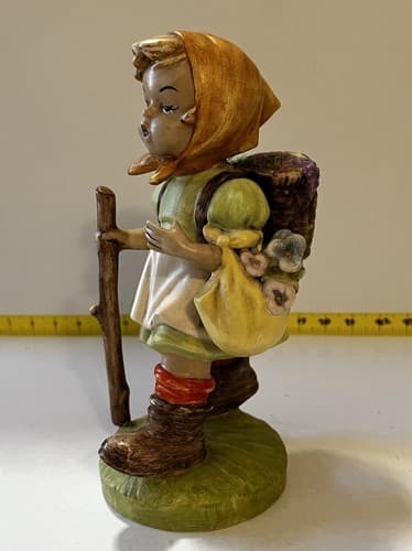Hummel Type SIGNED Figurine of Girl with Walking Stick and Basket Flowers Large - Thumbnail 3