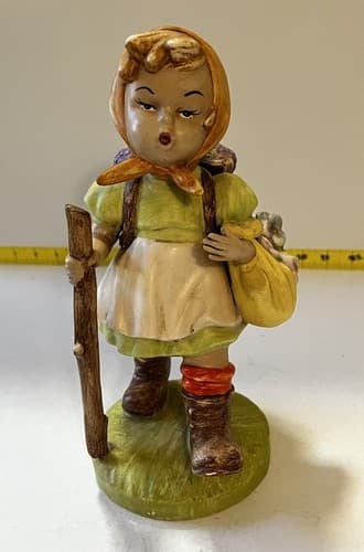 Hummel Type SIGNED Figurine of Girl with Walking Stick and Basket Flowers Large - Thumbnail 10
