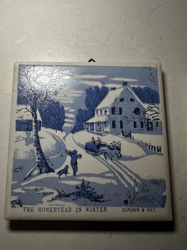 Vintage Courier & Ives Ceramic Tile Trivet Pair Set of 2 Old Homestead In Winter - Thumbnail 4