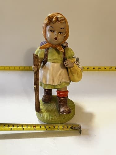 Hummel Type SIGNED Figurine of Girl with Walking Stick and Basket Flowers Large - Thumbnail 15