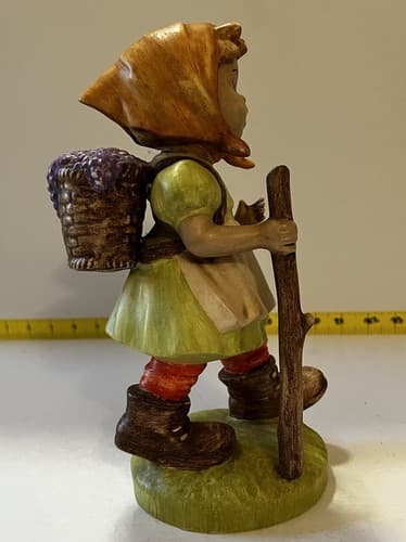 Hummel Type SIGNED Figurine of Girl with Walking Stick and Basket Flowers Large - Thumbnail 6