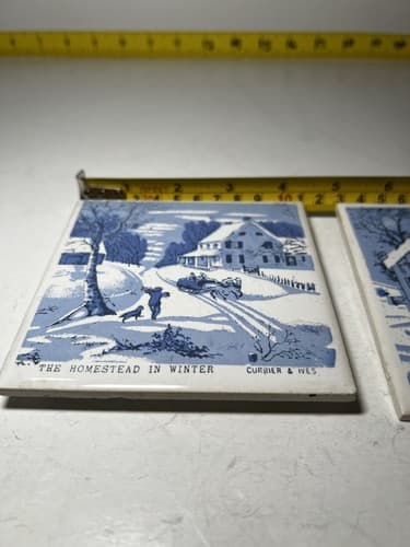 Vintage Courier & Ives Ceramic Tile Trivet Pair Set of 2 Old Homestead In Winter - Thumbnail 5