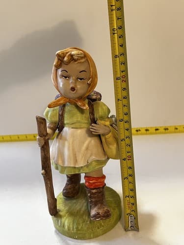 Hummel Type SIGNED Figurine of Girl with Walking Stick and Basket Flowers Large - Thumbnail 14