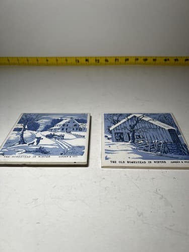 Vintage Courier & Ives Ceramic Tile Trivet Pair Set of 2 Old Homestead In Winter - Thumbnail 2