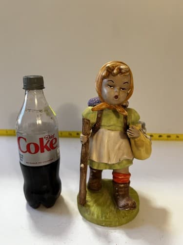 Hummel Type SIGNED Figurine of Girl with Walking Stick and Basket Flowers Large - Thumbnail 16