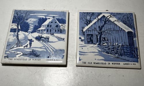 Vintage Courier & Ives Ceramic Tile Trivet Pair Set of 2 Old Homestead In Winter