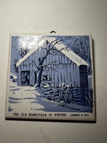 Vintage Courier & Ives Ceramic Tile Trivet Pair Set of 2 Old Homestead In Winter - Thumbnail 3