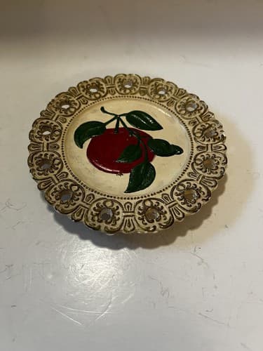 Apple Hand Painted Decorative Plate Vintage 6” Round Lacy Look 504 On Back - Thumbnail 2