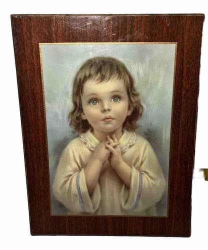 Vintage Praying Child Wooden Lithograph On Wood Little Girl ART PRINT Prayer