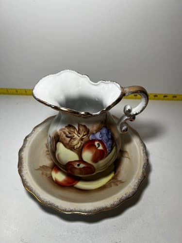 Vintage Porcelain Pitcher and Bowl Wash Basin Set Hand painted Fruit Kitchen - Thumbnail 2