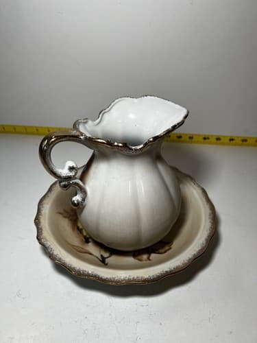 Vintage Porcelain Pitcher and Bowl Wash Basin Set Hand painted Fruit Kitchen - Thumbnail 5