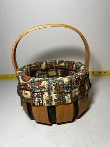 Vintage Wooden Basket Bent Wood Handle Cloth Lined Harvest Nailed Bottom - Thumbnail 5