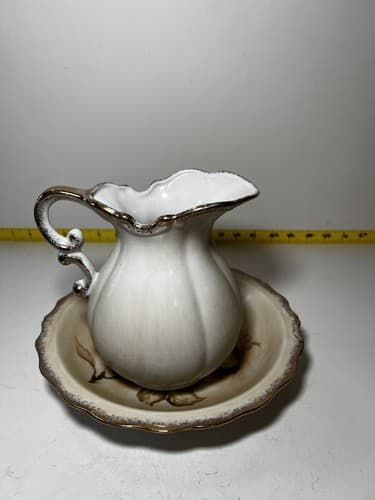 Vintage Porcelain Pitcher and Bowl Wash Basin Set Hand painted Fruit Kitchen - Thumbnail 6