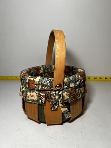 Vintage Wooden Basket Bent Wood Handle Cloth Lined Harvest Nailed Bottom - Thumbnail 3